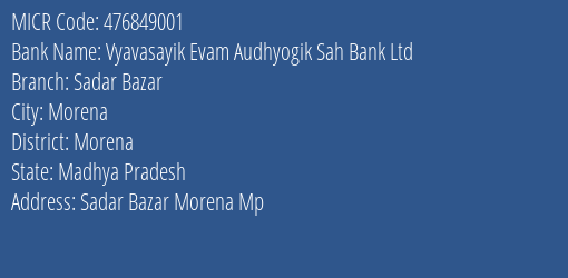 Vyavasayik Evam Audhyogik Sah Bank Ltd Sadar Bazar MICR Code
