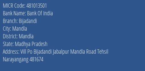 Bank Of India Bijadandi Branch Address Details and MICR Code 481013501