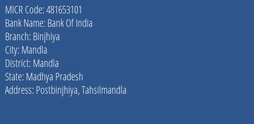 Bank Of India Binjhiya Branch Address Details and MICR Code 481653101