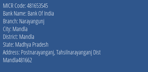 Bank Of India Narayangunj Branch Address Details and MICR Code 481653545
