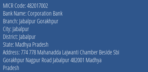 Corporation Bank Jabalpur Gorakhpur MICR Code