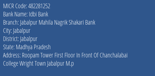 Jabalpur Mahila Nagrik Shakari Bank Wright Town MICR Code
