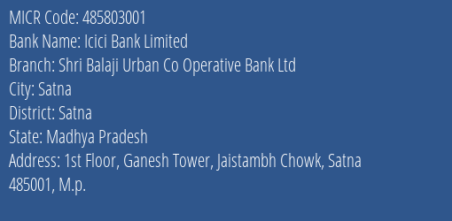 Shri Balaji Urban Co Operative Bank Ltd Jaistambh Chowk MICR Code