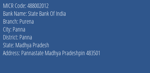 State Bank Of India Purena Branch Address Details and MICR Code 488002012