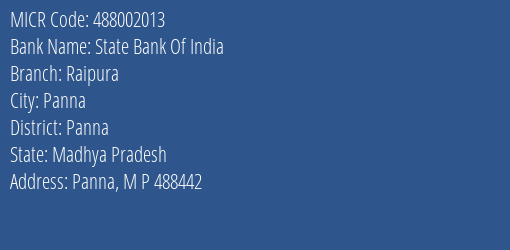 State Bank Of India Raipura Branch Address Details and MICR Code 488002013