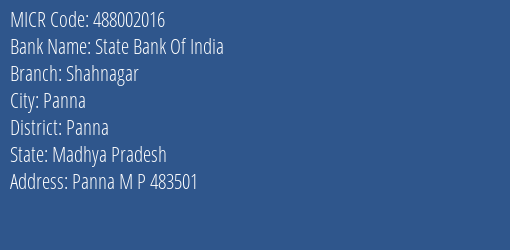 State Bank Of India Shahnagar Branch Address Details and MICR Code 488002016