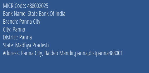 State Bank Of India Panna City Branch Address Details and MICR Code 488002025