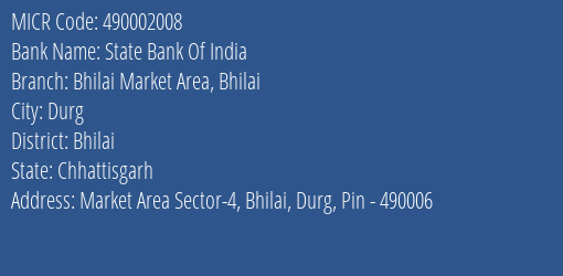 State Bank Of India Bhilai Market Area Bhilai Branch Address Details and MICR Code 490002008