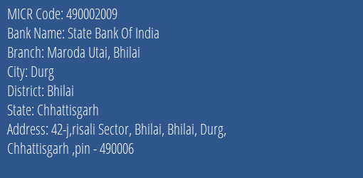 State Bank Of India Maroda Utai Bhilai Branch Address Details and MICR Code 490002009
