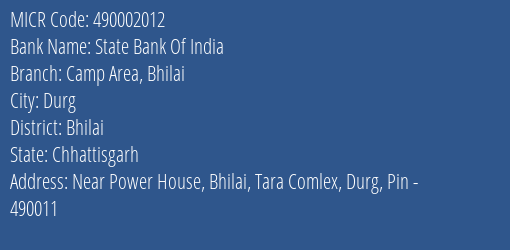 State Bank Of India Camp Area Bhilai Branch Address Details and MICR Code 490002012