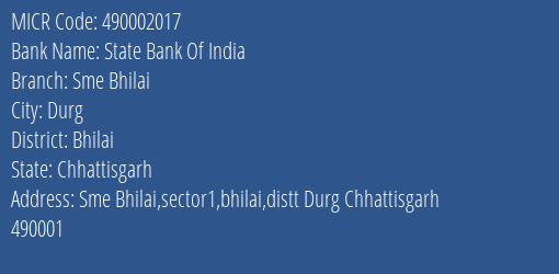 State Bank Of India Sme Bhilai Branch Address Details and MICR Code 490002017