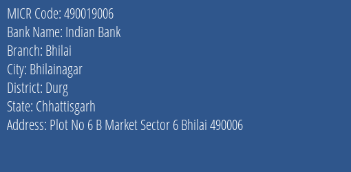 Indian Bank Bhilai MICR Code