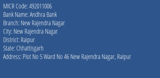 Andhra Bank New Rajendra Nagar Branch Address Details and MICR Code 492011006