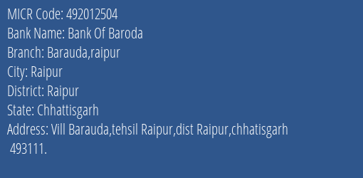 Bank Of Baroda Boriyakala Raipur MICR Code
