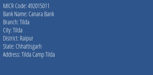 Canara Bank Tilda Branch Address Details and MICR Code 492015011