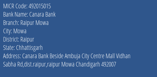 Canara Bank Raipur Mowa Branch Address Details and MICR Code 492015015