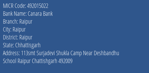 Canara Bank Raipur Branch Address Details and MICR Code 492015022