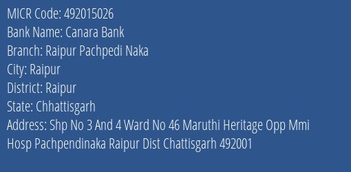 Canara Bank Raipur Pachpedi Naka Branch Address Details and MICR Code 492015026