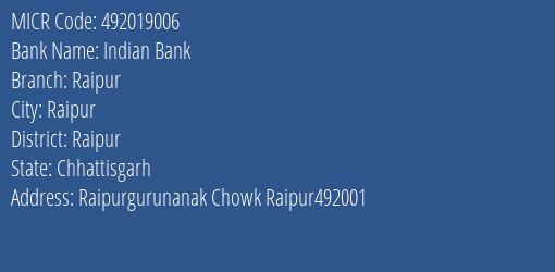 Indian Bank Raipur MICR Code