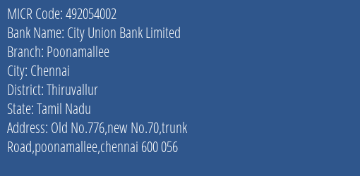 City Union Bank Limited Poonamallee MICR Code