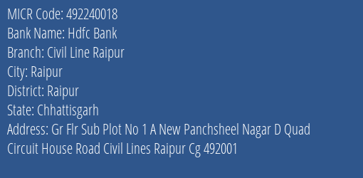 Hdfc Bank Civil Line Raipur Branch Address Details and MICR Code 492240018