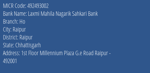 Laxmi Mahila Nagarik Sahkari Bank Ho MICR Code