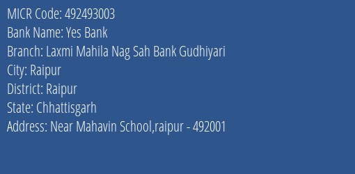 Laxmi Mahila Nagarik Sahkari Bank Gudhiyari MICR Code
