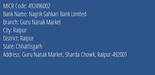 Nagrik Sahkari Bank Limited Guru Nanak Market MICR Code