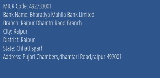 Bharatiya Mahila Bank Limited Raipur Dhamtri Raod Branch MICR Code