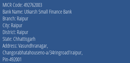 Utkarsh Small Finance Bank Raipur MICR Code
