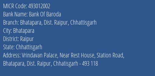 Bank Of Baroda Bhatapara Dist. Raipur Chhattisgarh MICR Code