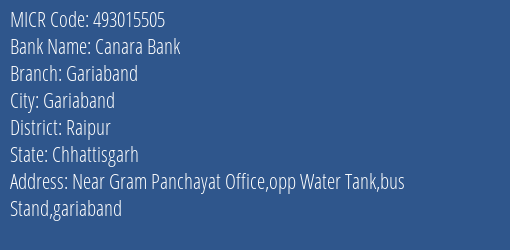 Canara Bank Gariaband Branch Address Details and MICR Code 493015505