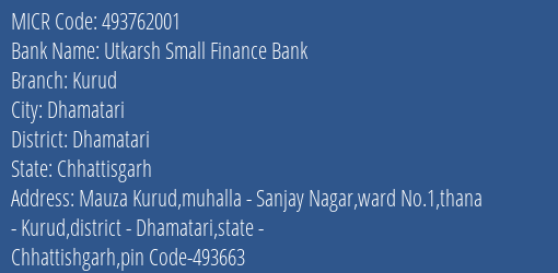 Utkarsh Small Finance Bank Kurud MICR Code