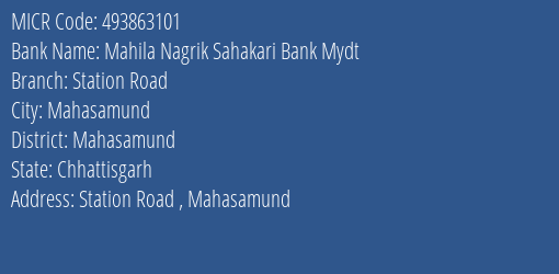 Mahila Nagrik Sahakari Bank Mydt Station Road MICR Code