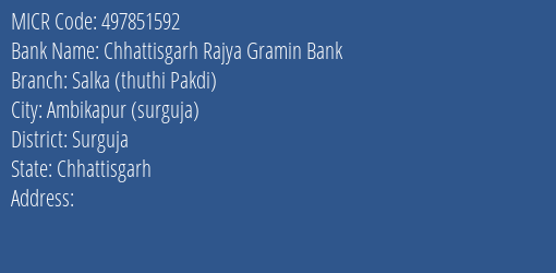 Chhattisgarh Rajya Gramin Bank Salka Thuthi Pakdi MICR Code