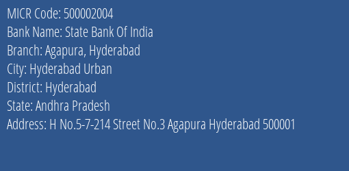 State Bank Of India Agapura Hyderabad Branch Address Details and MICR Code 500002004