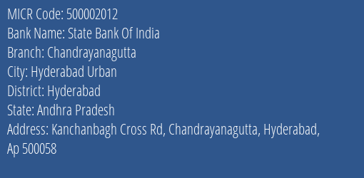 State Bank Of India Chandrayanagutta Branch Address Details and MICR Code 500002012