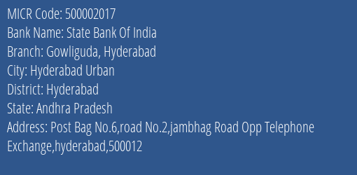 State Bank Of India Gowliguda Hyderabad Branch Address Details and MICR Code 500002017