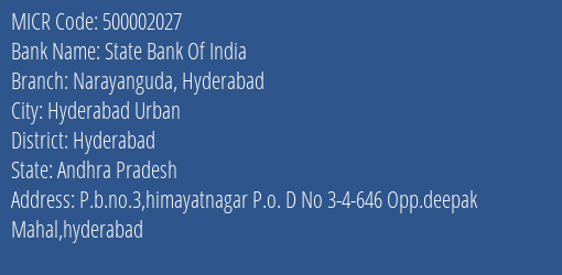 State Bank Of India Narayanguda Hyderabad Branch Address Details and MICR Code 500002027