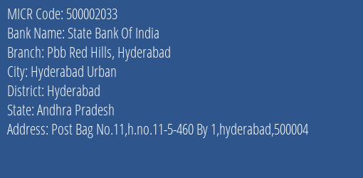 State Bank Of India Pbb Red Hills Hyderabad Branch Address Details and MICR Code 500002033