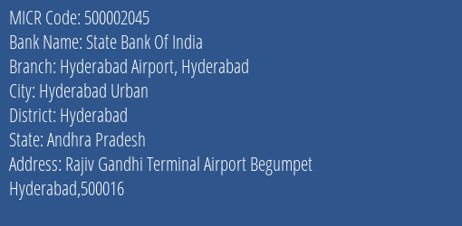 State Bank Of India Hyderabad Airport Hyderabad MICR Code