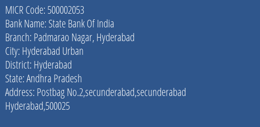 State Bank Of India Padmarao Nagar Hyderabad Branch Address Details and MICR Code 500002053