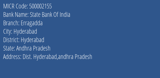 State Bank Of India Erragadda Branch Address Details and MICR Code 500002155