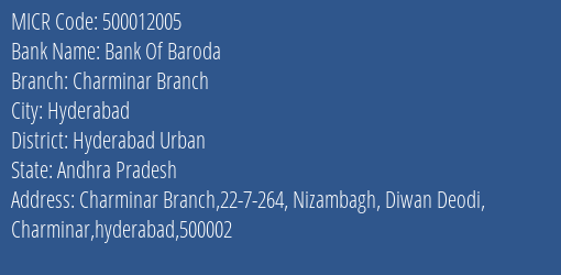 Bank Of Baroda Charminar Branch MICR Code
