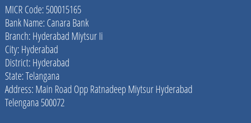 Canara Bank Hyderabad Miytsur Ii Branch Address Details and MICR Code 500015165