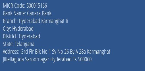 Canara Bank Hyderabad Karmanghat Ii Branch Address Details and MICR Code 500015166