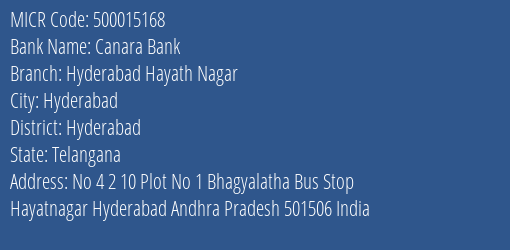 Canara Bank Hyderabad Hayath Nagar Branch Address Details and MICR Code 500015168