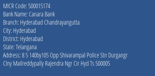 Canara Bank Hyderabad Chandrayangutta Branch Address Details and MICR Code 500015174