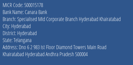 Canara Bank Specialised Mid Corporate Branch Hyderabad Khairatabad Branch Address Details and MICR Code 500015178