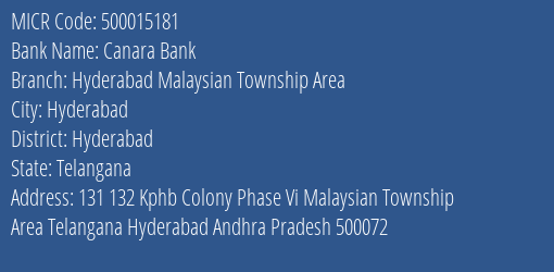 Canara Bank Hyderabad Malaysian Township Area Branch Address Details and MICR Code 500015181